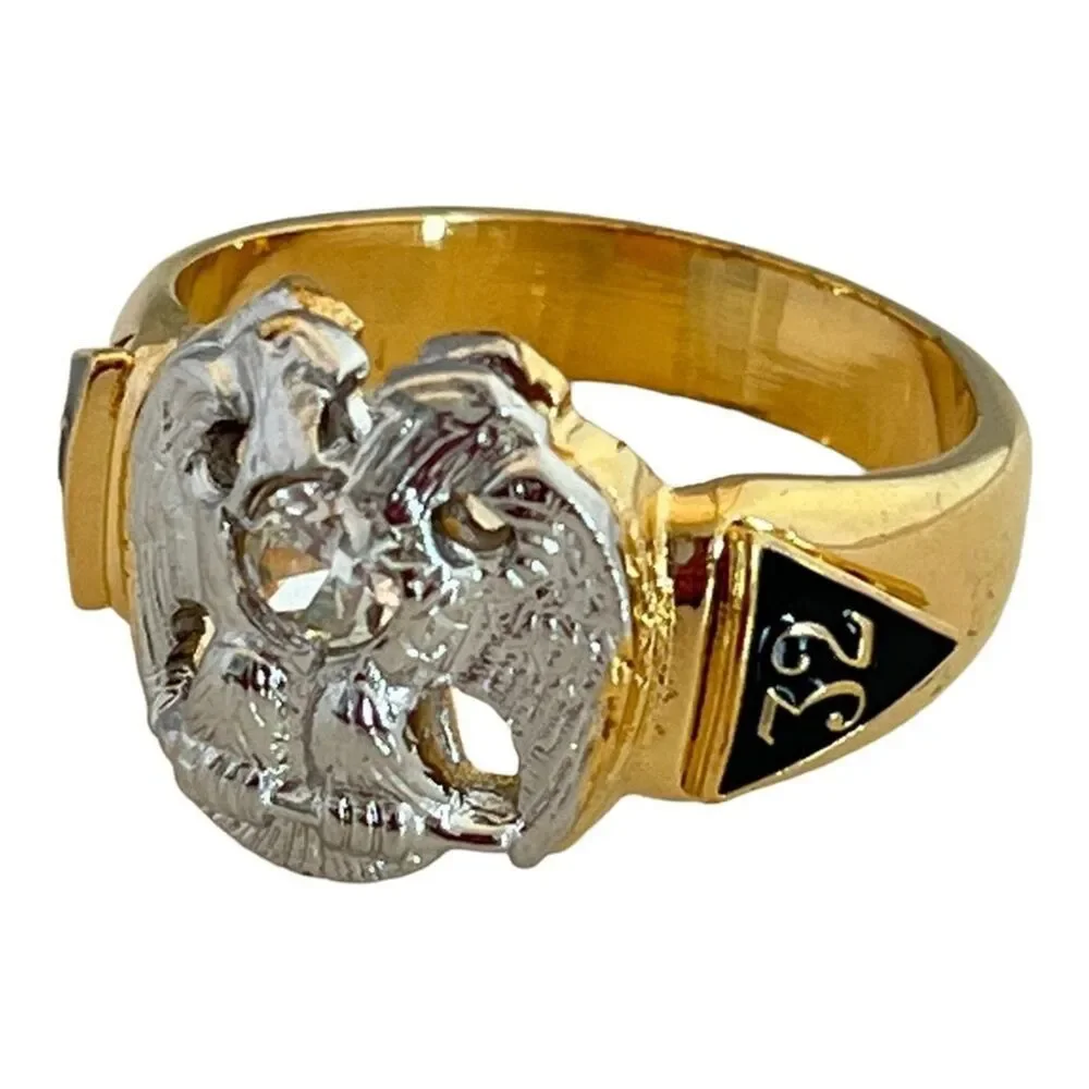 Vintage Masonic Ring Size 7 14K Gold Plate Freemason 32nd degree CZ - 14A